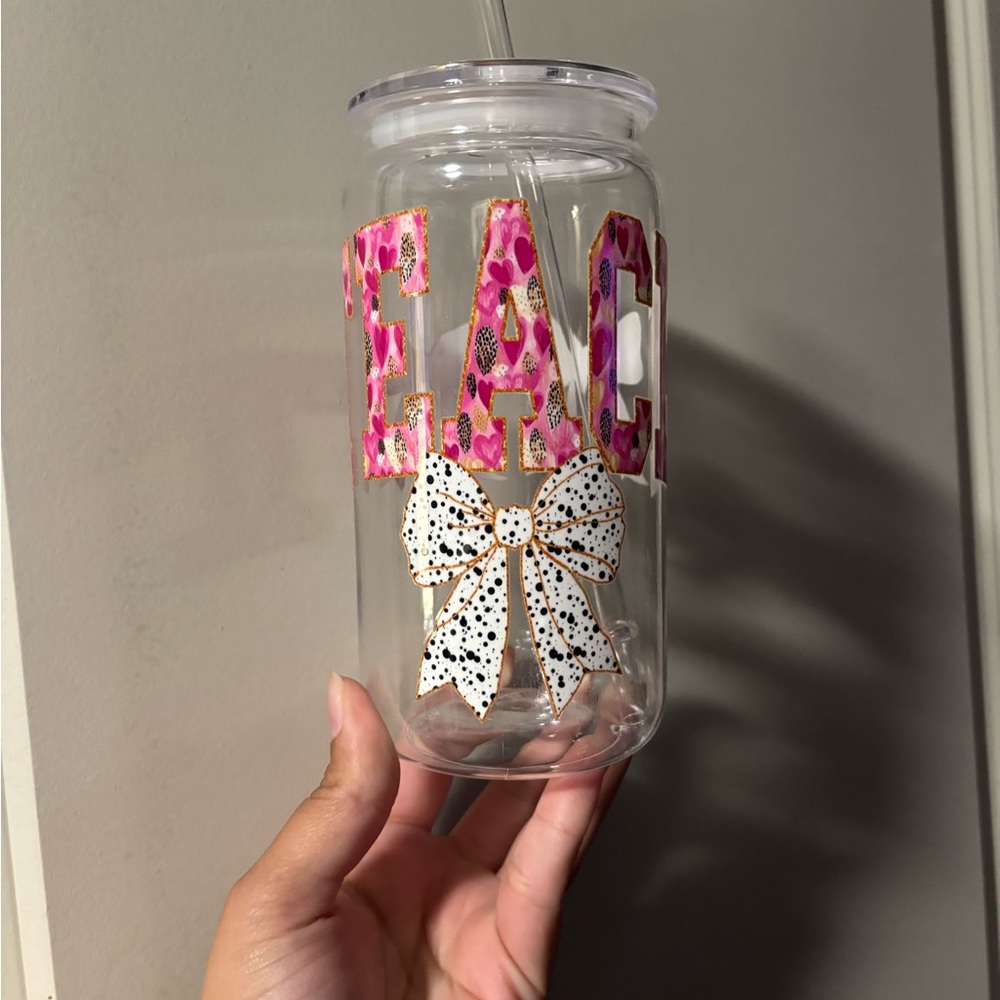 Clear TEACH Tumbler with Pink Leopard Print and Polka Dot Bow